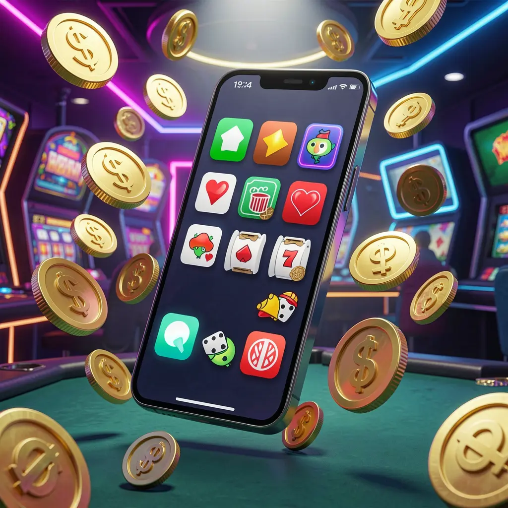 7777F Android casino app concept displayed on a modern phone with app icons, surrounded by floating golden coins and slot symbols in a neon casino atmosphere, realistic 3D render