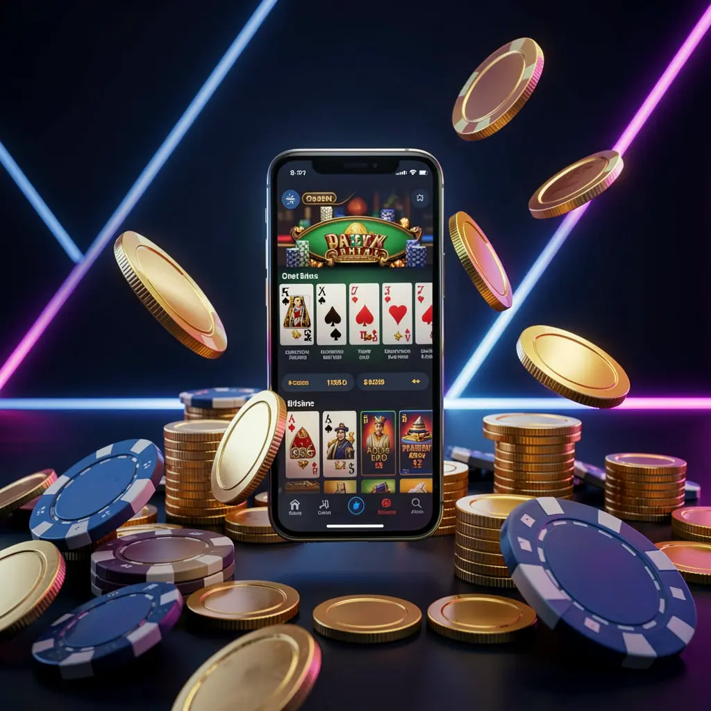 7777F online casino app promotion banner with a phone floating above golden coins and poker chips against a dark blue and black background with cinematic neon glow in a realistic 3D render