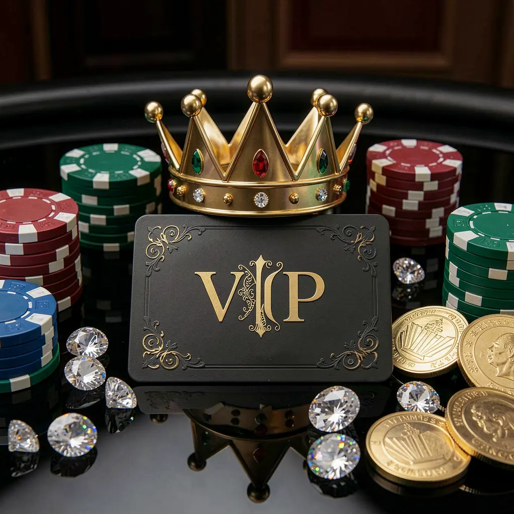 7777F VIP casino bonus concept featuring a golden crown, luxury membership card, poker chips, diamonds, and coins arranged on a glossy black table in an elegant premium style