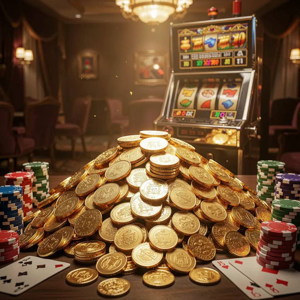 7777F jackpot bonus scene featuring a huge pile of golden coins, a slot machine in the background, poker chips, and playing cards under cinematic luxury lighting