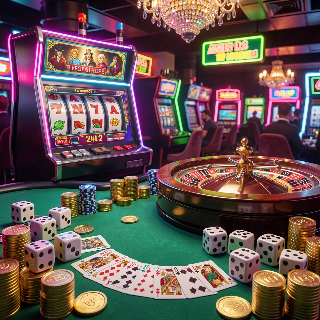 Exciting casino entertainment scene featuring a 7777F slot machine, roulette wheel, dice, cards, and golden coins illuminated by colorful neon lights in a premium atmosphere