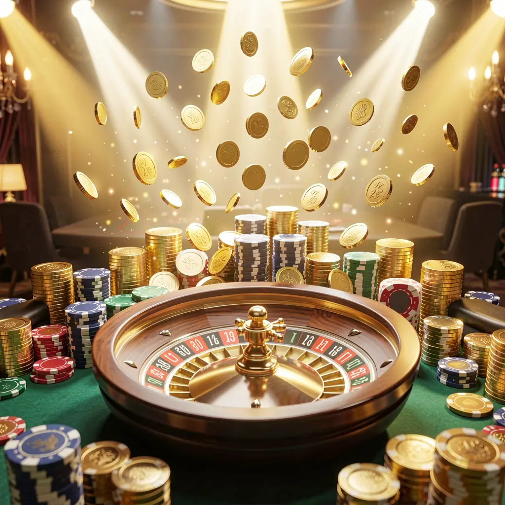 7777F casino jackpot scene featuring golden coins, colorful poker chips, and a roulette wheel illuminated by bright glowing lights in a luxury celebration atmosphere
