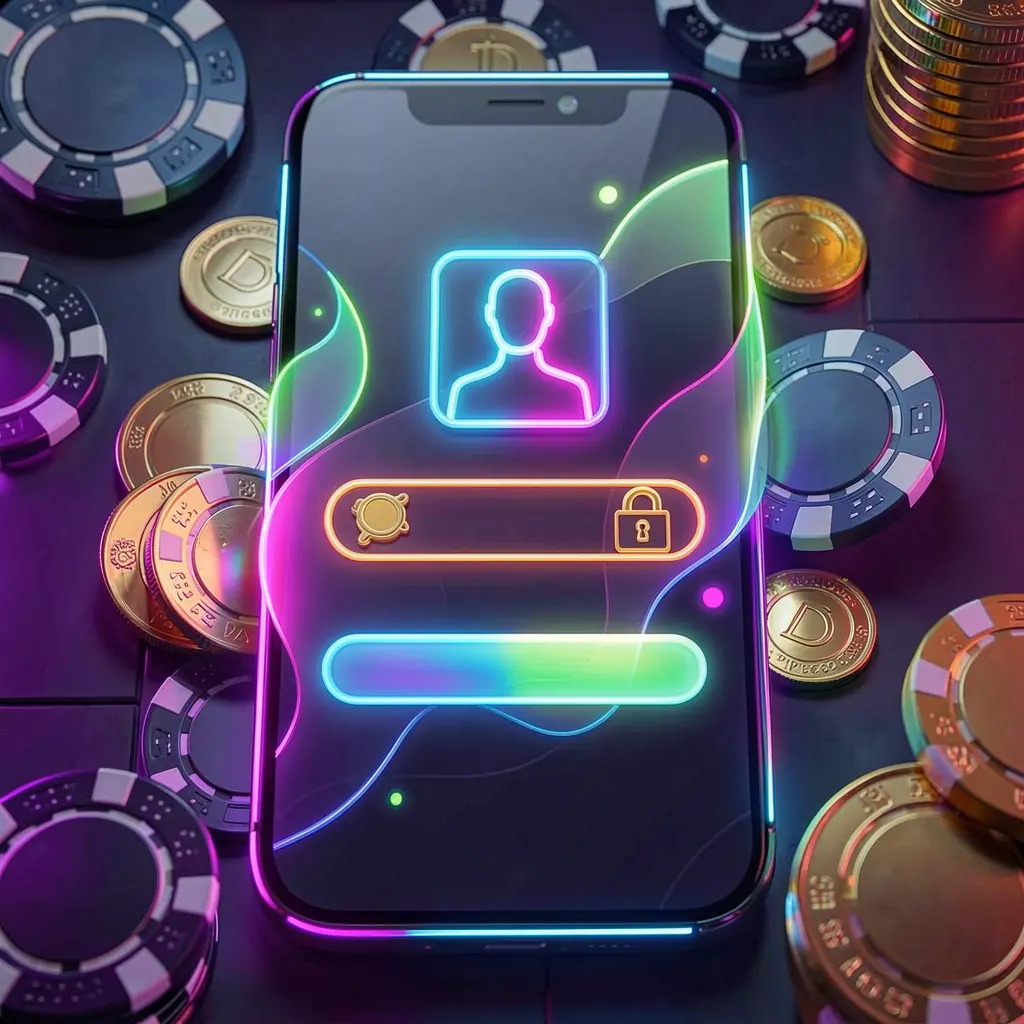 7777F mobile gaming login page concept on a smartphone with abstract user and lock icons, surrounded by casino chips and coins under luxury neon lighting