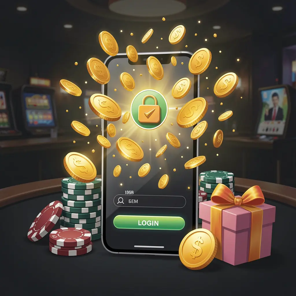 7777F casino user login illustration showing a phone with secure access icon, golden coins bursting from the screen, poker chips and a gift box nearby on a dark premium background