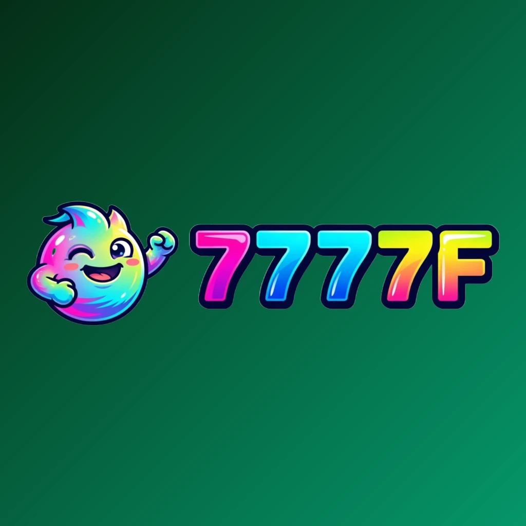 Mascot-style logo for 7777F featuring a friendly character icon with bold, colorful gaming brand lettering on a transparent background in a wide horizontal rectangular wordmark design
