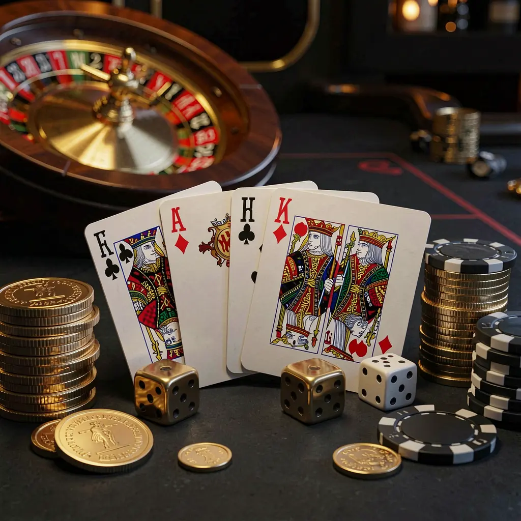 Elegant online casino homepage featuring royal flush cards, dice, golden coins, and poker chips on a dark table with a glowing roulette wheel in the background, showcasing 7777F's luxurious gaming experience